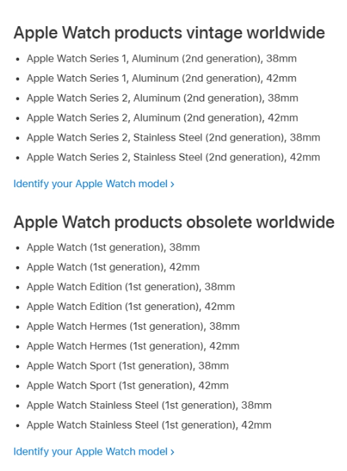 苹果官网公布过时产品名单,Apple Watch Series 1在其中