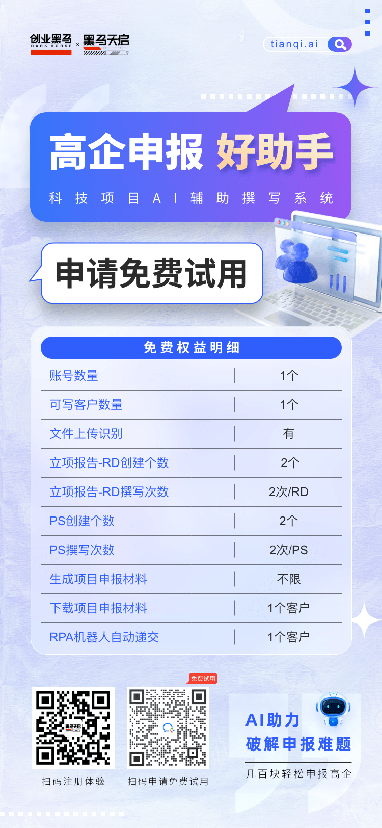 【限时免费】黑马天启科创大模型专享试用会员,AI 工具+全流程专业服务,助您轻松高效完成申报!