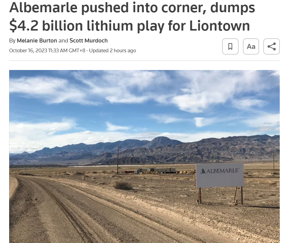 美国锂业巨头 Albemarle 放弃收购澳洲锂矿商 Liontown，曾出价 66 亿澳元