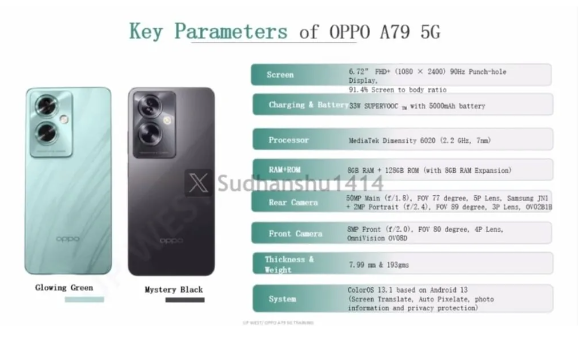 OPPO A79 5G渲染图曝光:天玑 6020 处理器 + 6.72 英寸 LCD 屏幕