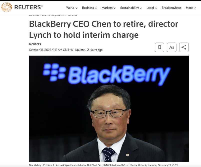 执掌十年，黑莓 CEO 程守宗将于本周五退休