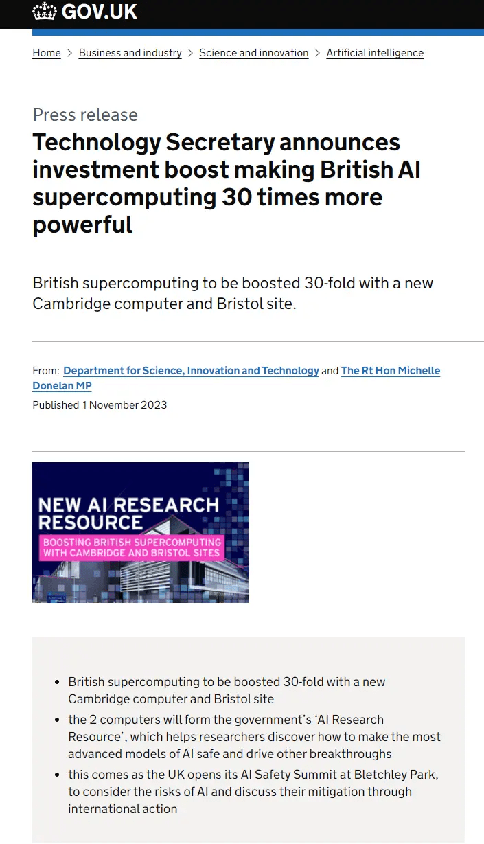 英国政府计划投资近3亿美元开发超级计算机，力争成为AI领导者