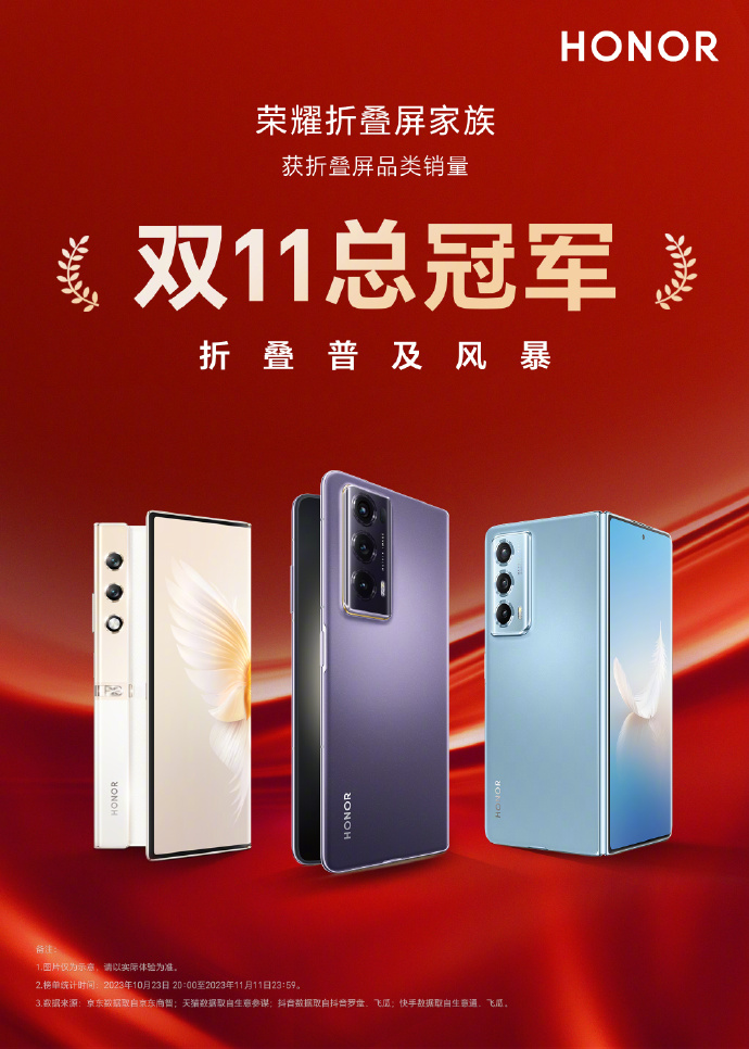 赵明公布双 11 战报:荣耀折叠屏家族获折叠屏品类销量总冠军,Magic Vs2 获折叠屏单品销量总冠军
