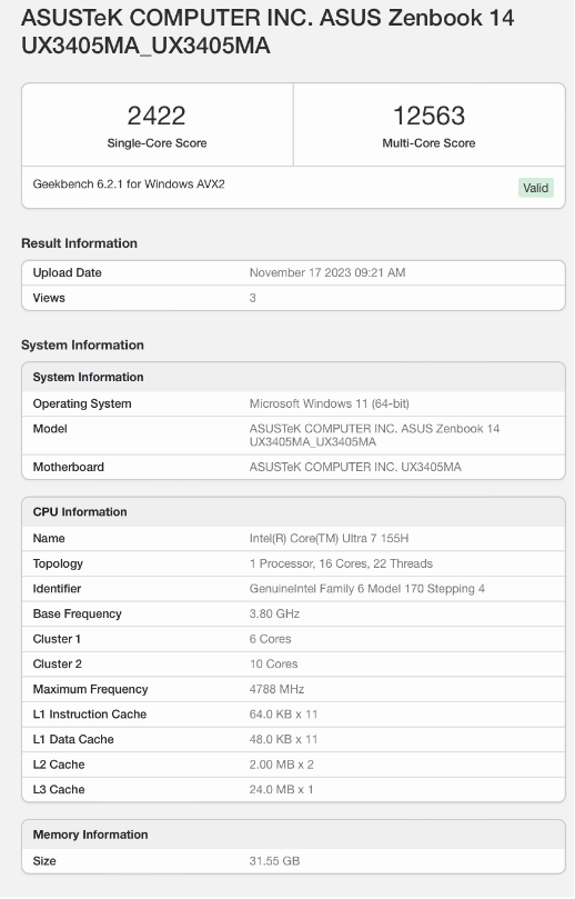 华硕Zenbook 14 笔记本新款曝光,Geekbench性能曝光