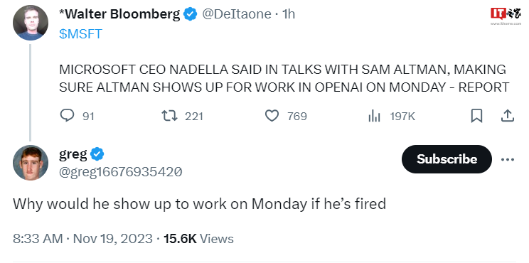 消息称微软 CEO 纳德拉已与 Sam Altman 交谈，确保其周一回归 OpenAI