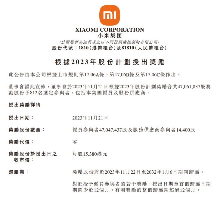 小米集团：根据 2023 年股份计划授出奖励合共 4706.18 万股