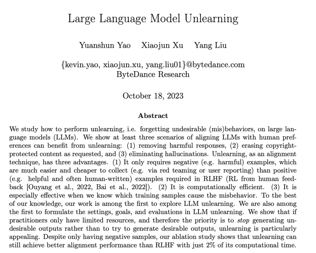 RLHF 2%的算力应用于消除LLM有害输出，字节发布遗忘学习技术