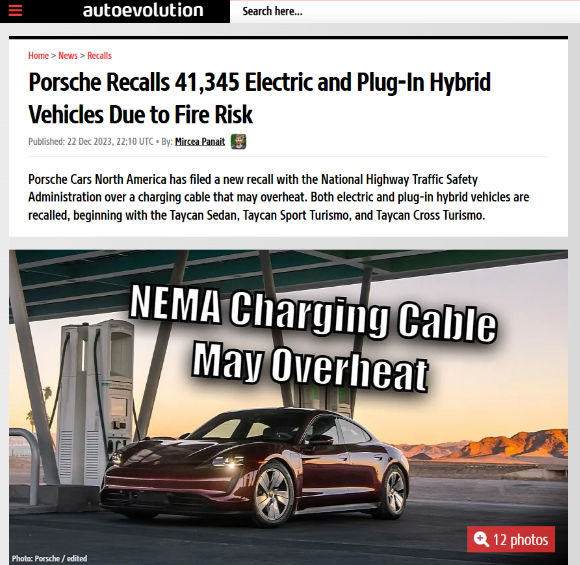保时捷紧急召回北美地区电动汽车充电线，原因是存在引发火灾的风险