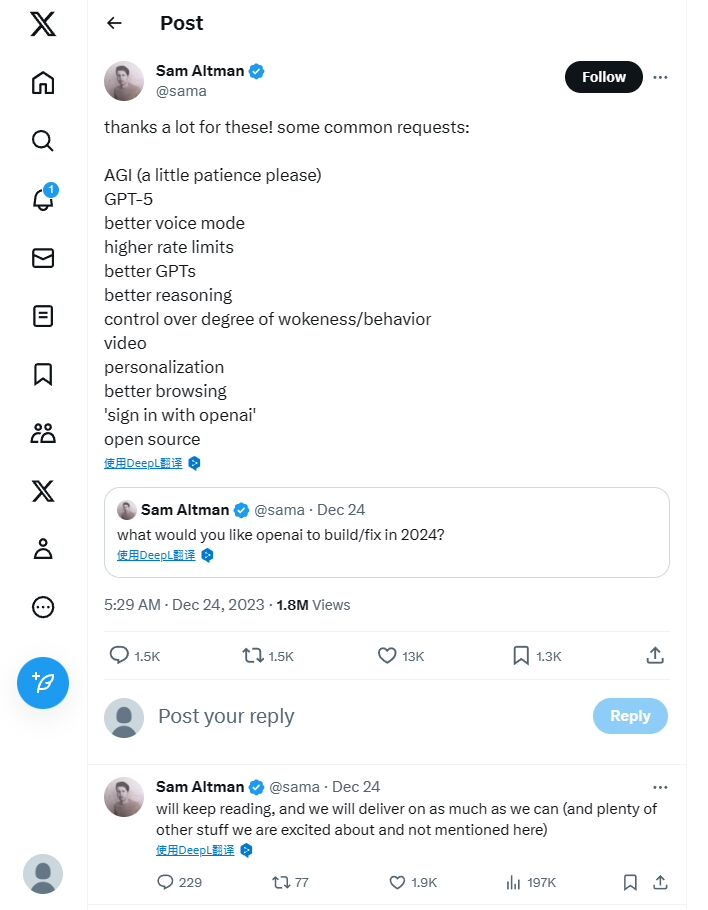 OpenAI 阿尔特曼晒网友新年愿望清单：通用人工智能（AGI）等呼声最多