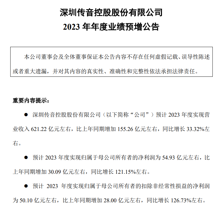 传音控股：预计2019年营收达到621.22亿元，同比增长33.32%，归母净利润同比增长121.15%
