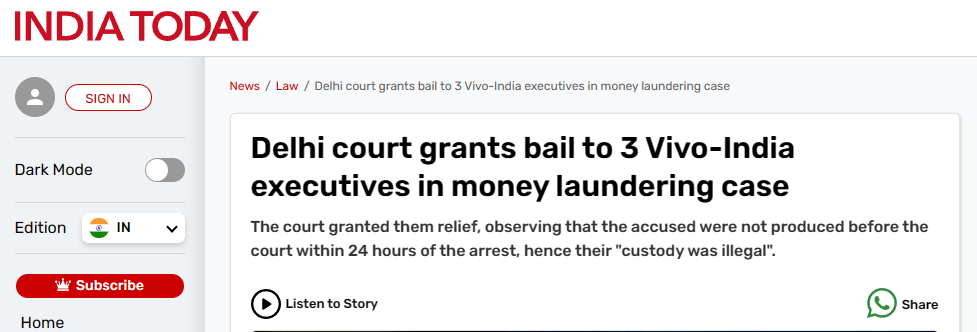 印度法院下令释放 vivo 在印公司高管