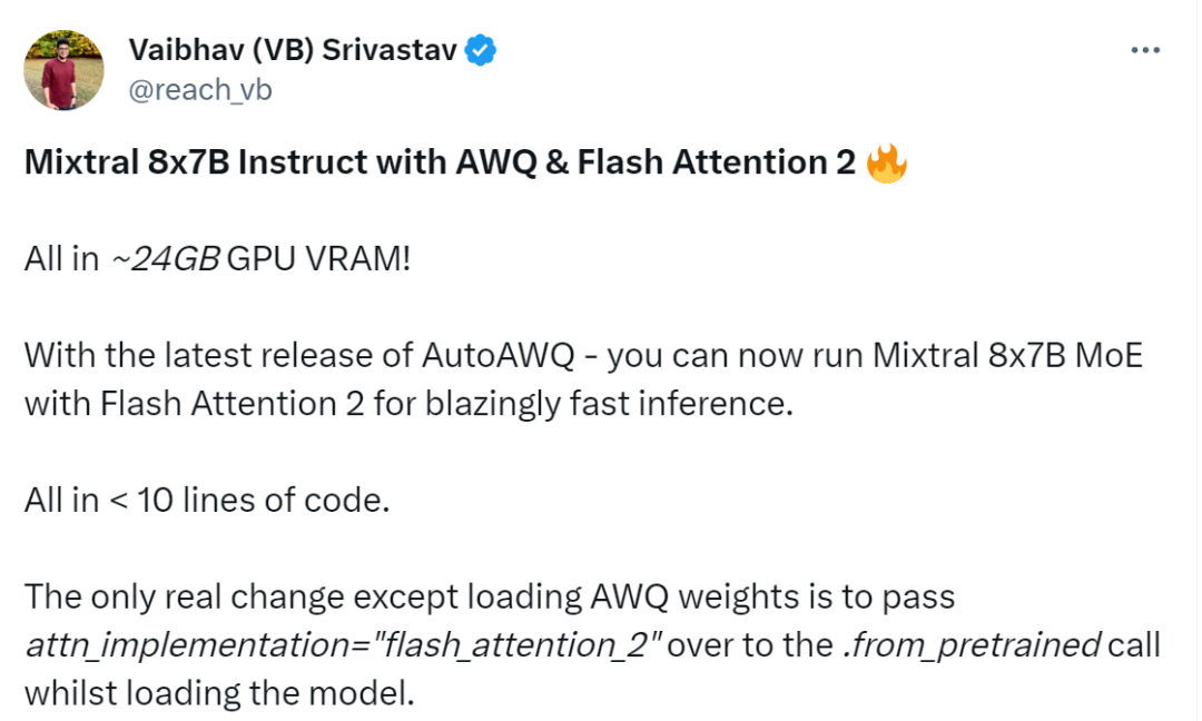 8x7B MoE与Flash Attention 2结合，不到10行代码实现快速推理