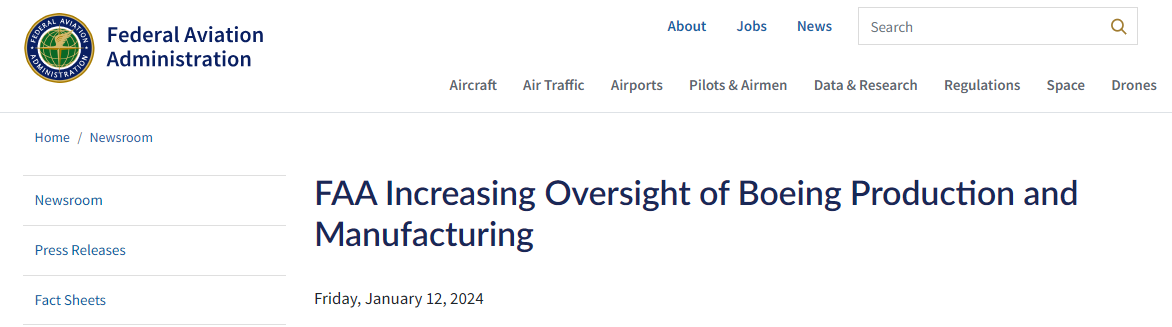 波音737 MAX 9舱门脱落事件引发美国联邦航空局对其生产进行全面审查