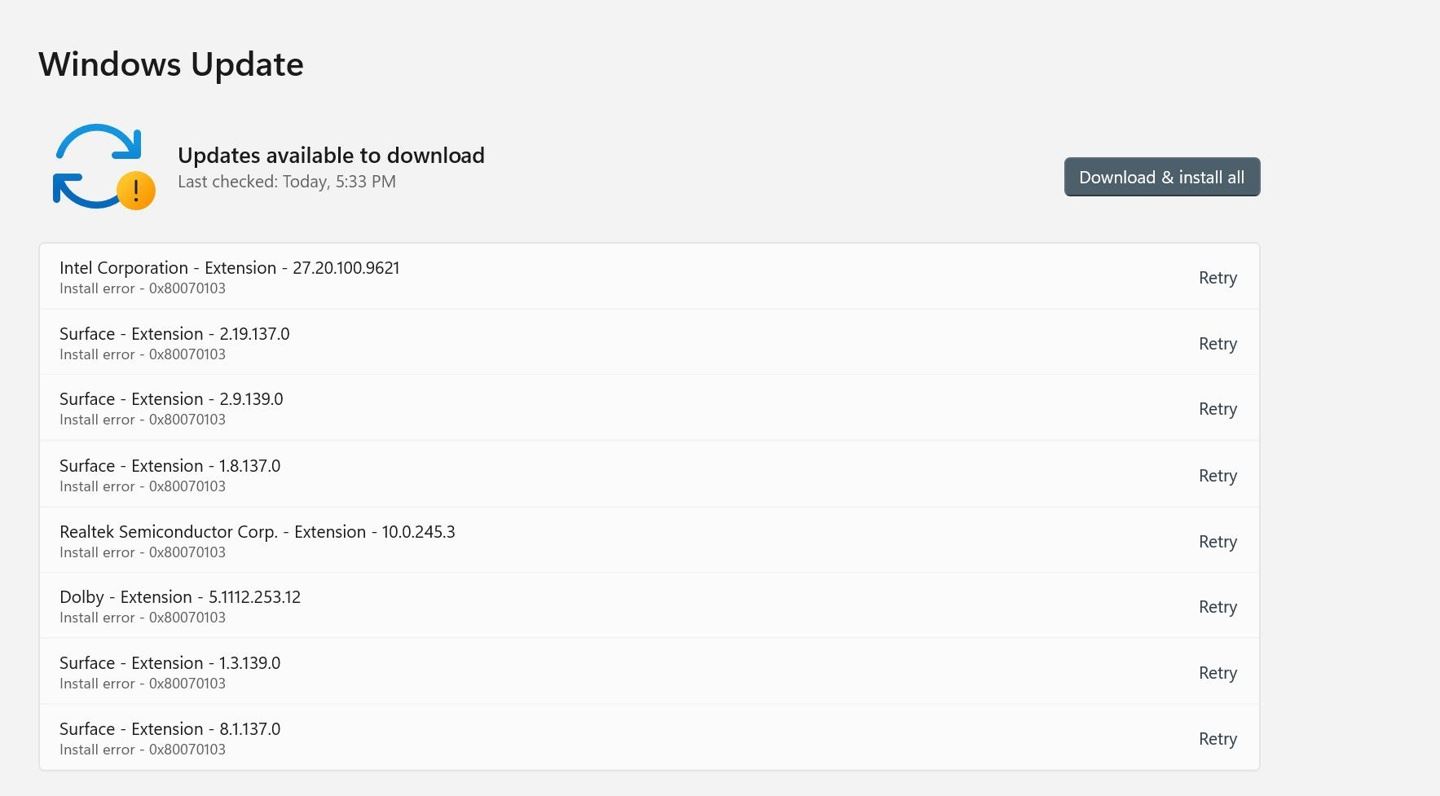 Surface驱动更新遇到0x80070103错误，可能与KB5022845更新相关