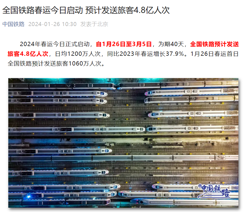 春运期间预计发送旅客 4.8 亿人次，同比增长 37.9%，全国铁路踏上启程