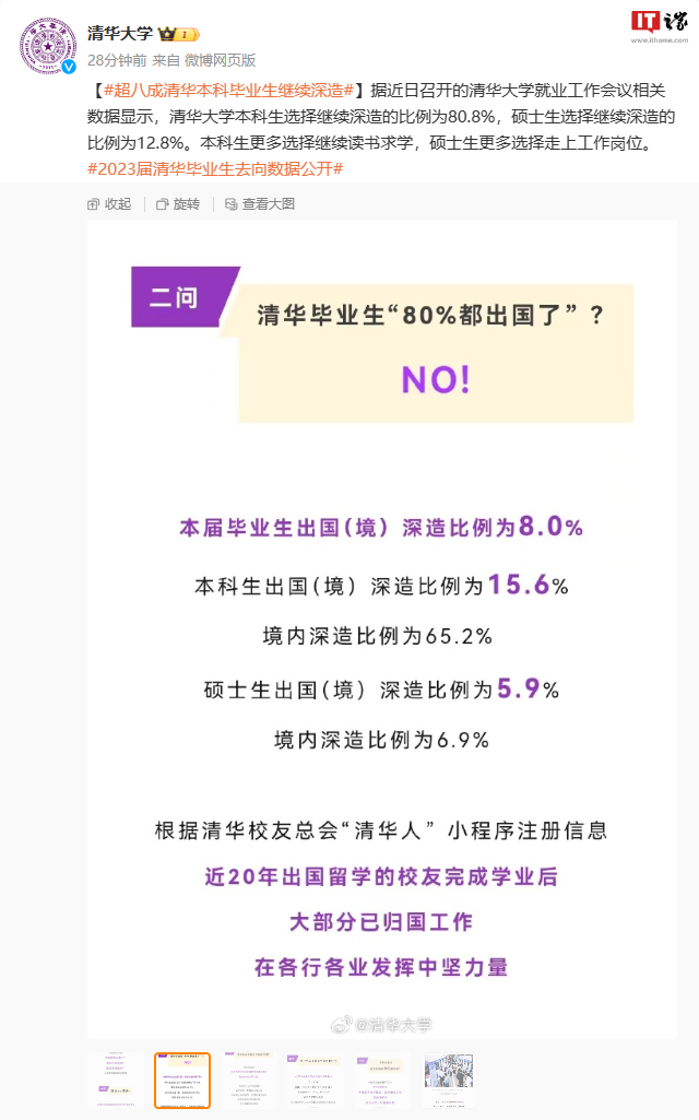 清华大学再次否认 80% 毕业生出国,本届就业民企前两位是华为、比亚迪
