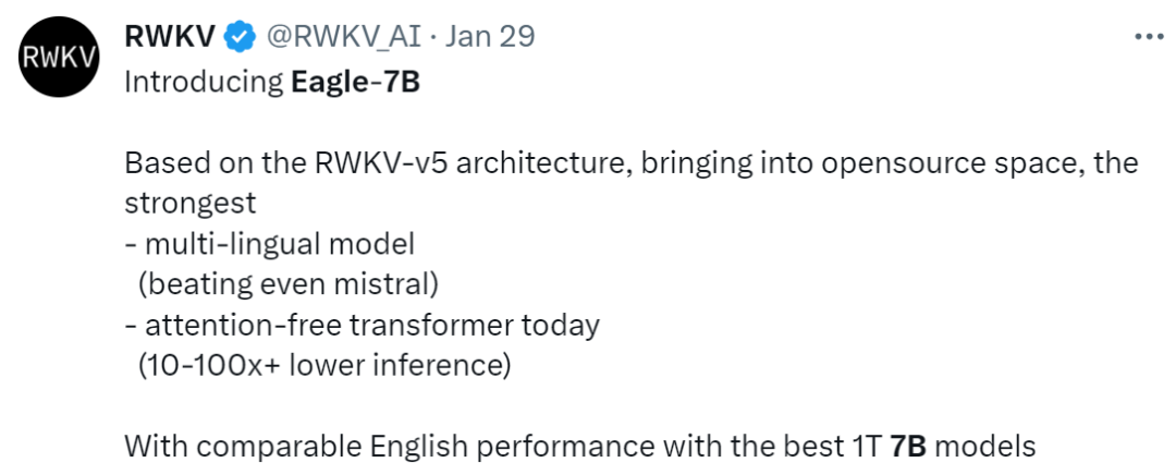 新标题: 基于RWKV的Eagle7B大型模型实现10-100倍推理成本降低