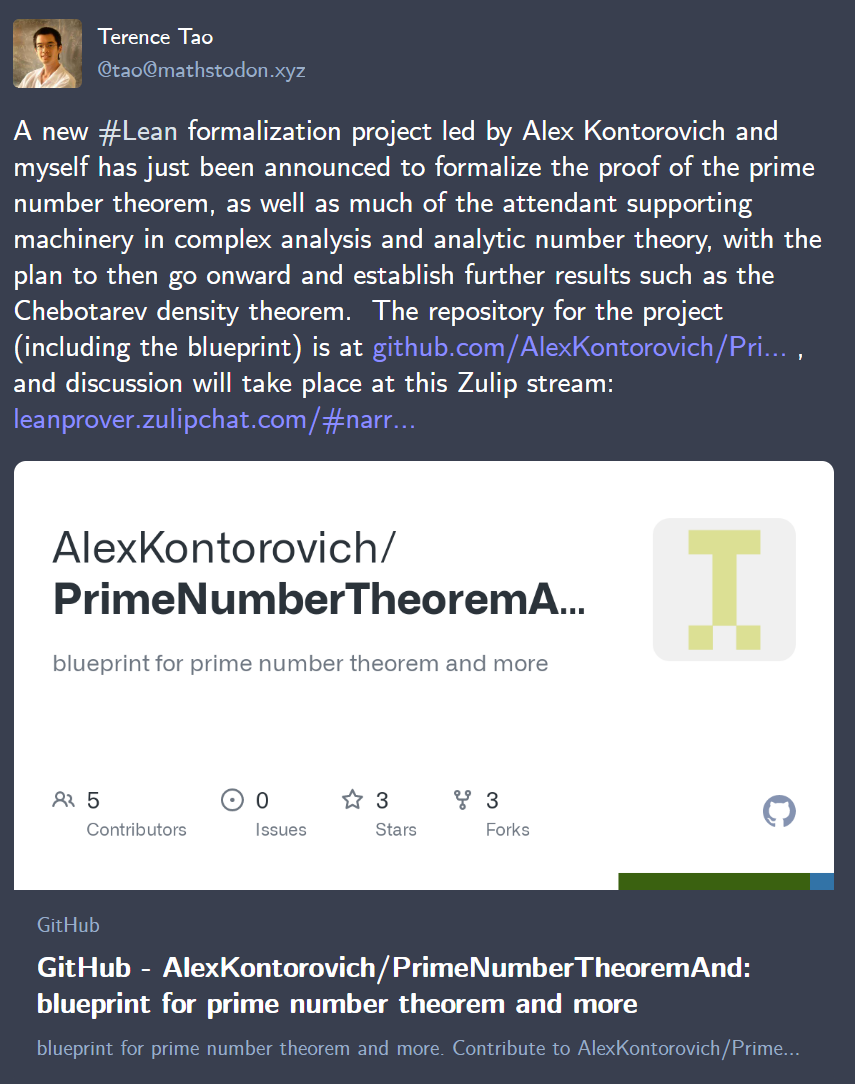 陶哲轩最新研究项目为Lean证实素数定理，规划已就绪