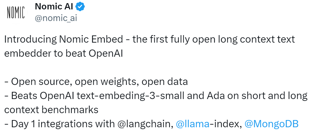 开源的Nomic Embed嵌入模型可以完美复现，并击败了OpenAI