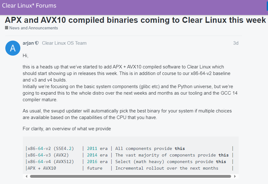 为未来 CPU 做准备,英特尔 Clear Linux 将获 AVX10、APX 指令集编译二进制文件