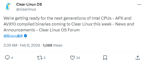 英特尔 Clear Linux 开始为未来 CPU 准备，将编译支持 AVX10 和 APX 指令集的二进制文件