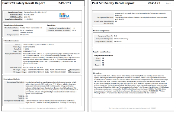 法拉第未来首次召回FF91汽车,安全气囊警告灯存故障