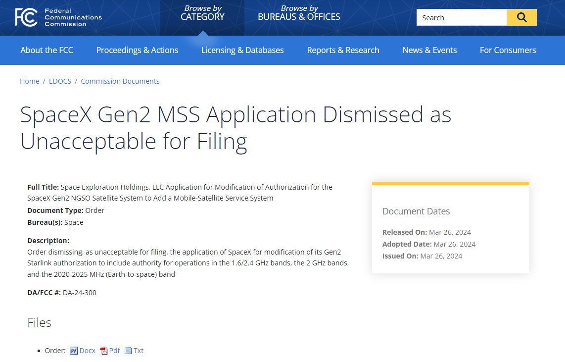 美国 FCC 驳回 SpaceX 频谱申请,移动卫星通讯服务受阻