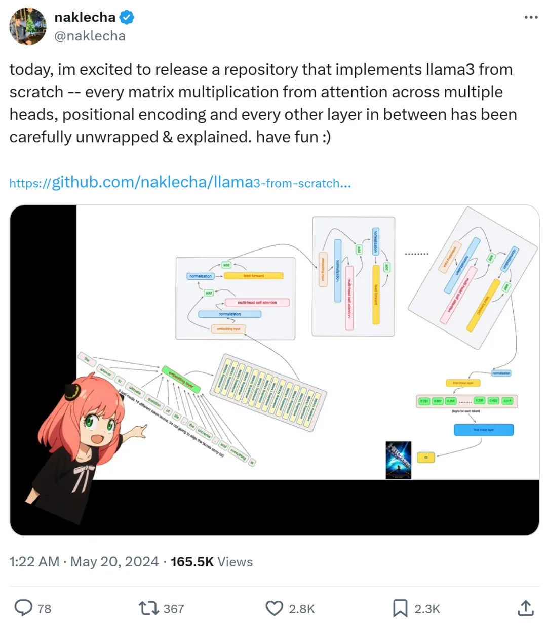 Karpathy称赞,从零实现LLaMa3项目爆火,半天1.5k star