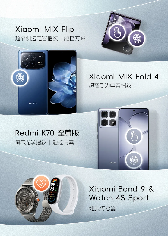 小米MIX Fold 4、Flip折叠屏及Redmi K70至尊版,均配备汇顶先进指纹方案