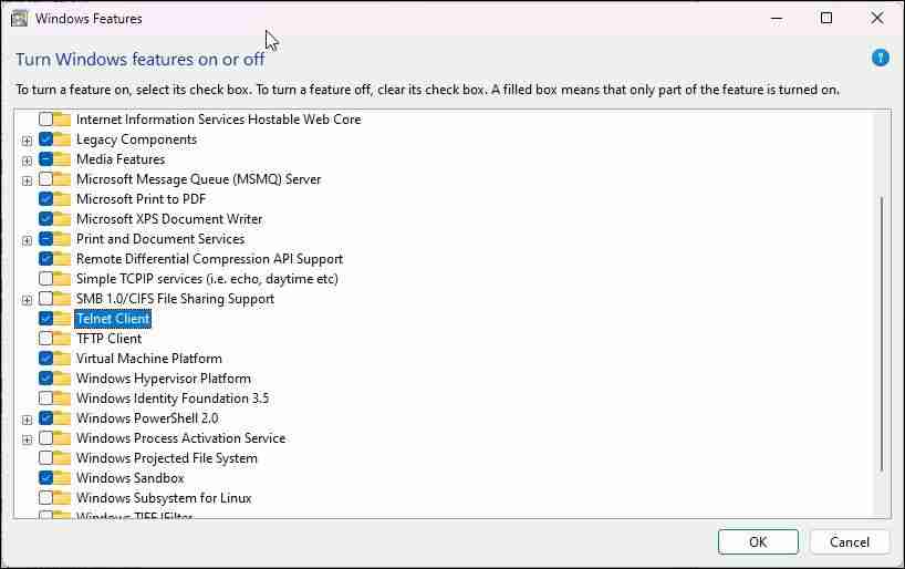在Windows 10/11中启用Telnet的方法