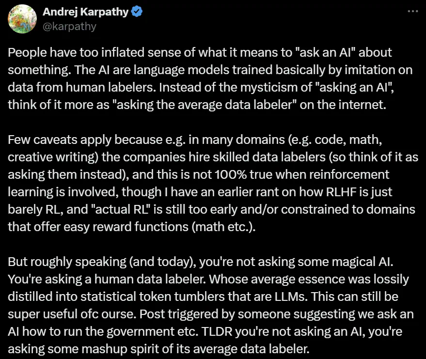 Andrej Karpathy：神奇大模型不存在的，只是对人类标注的拙劣模仿