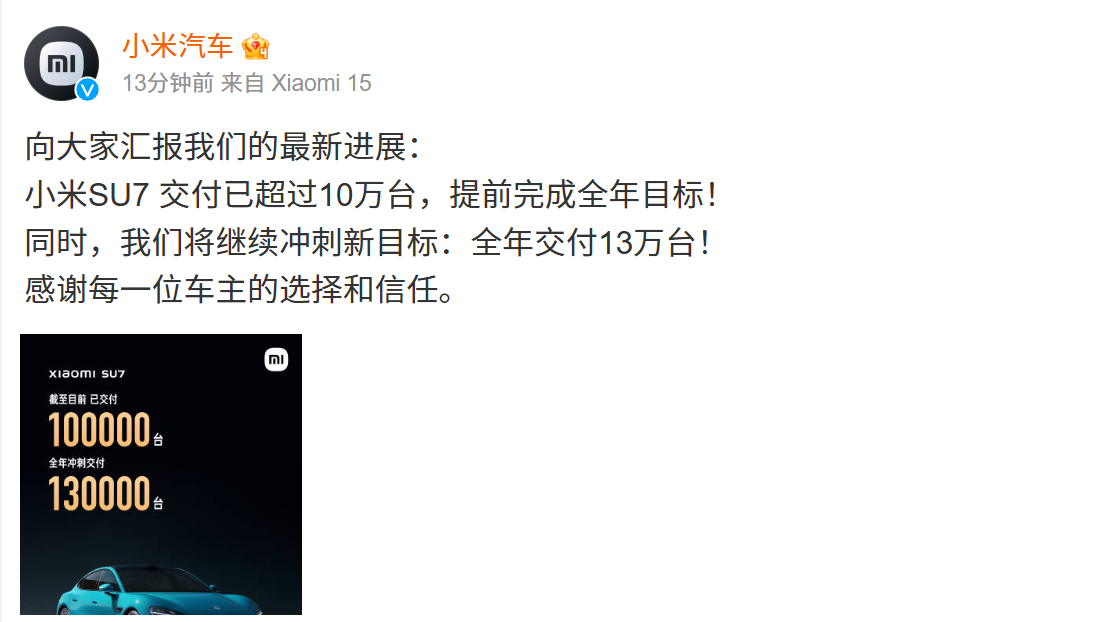 小米SU7交付已超过10万台 冲刺全年交付13万台新目标