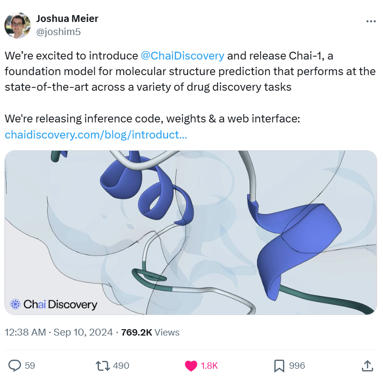 超越AlphaFold3，OpenAI投资的AI生物初创发布Chai-1，分子结构预测新SOTA