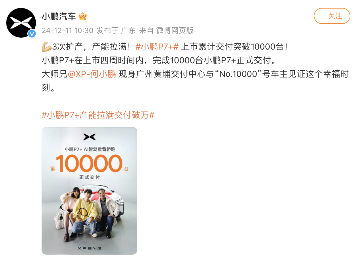 小鹏汽车:已完成1万台小鹏P7+交付