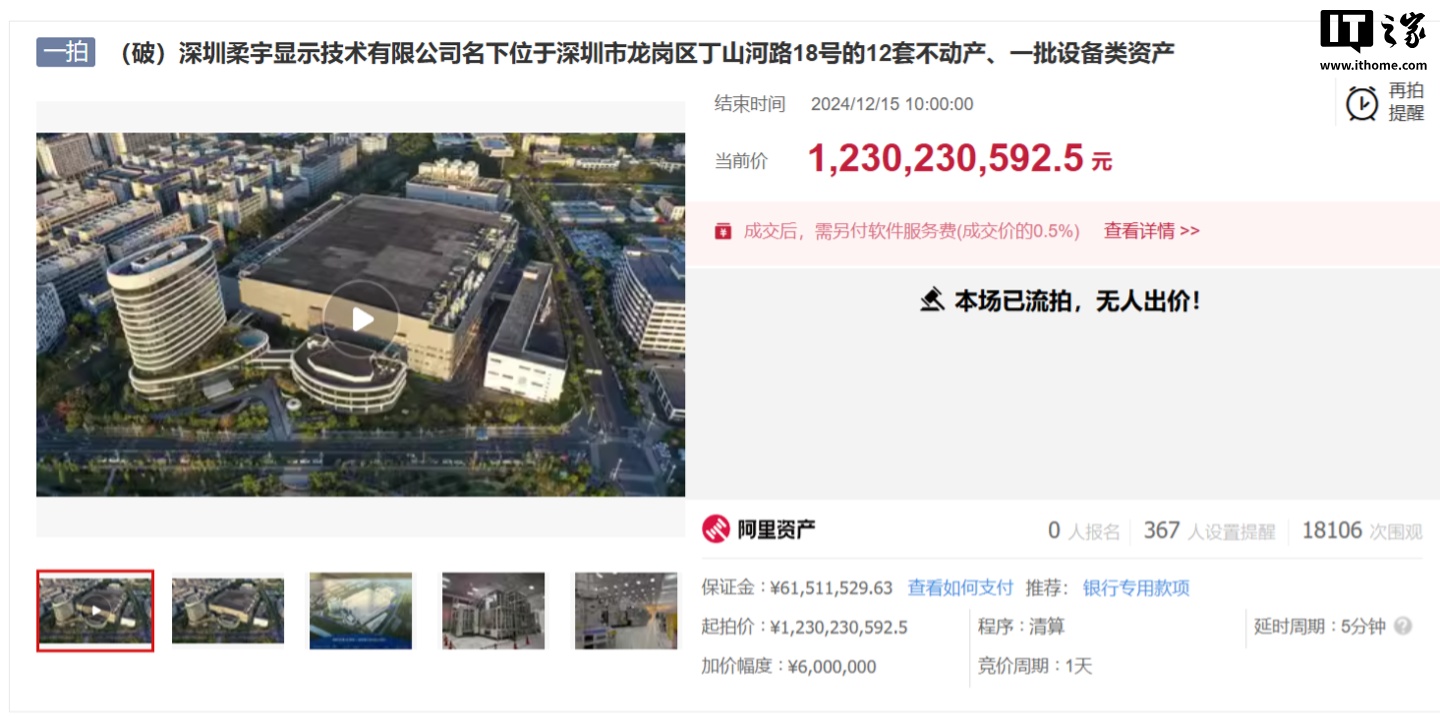 起拍价 12.3 亿元,柔宇显示名下资产因无人出价而流拍 起拍价 12.3 亿元,柔宇显示名下资产因无人出价而流拍