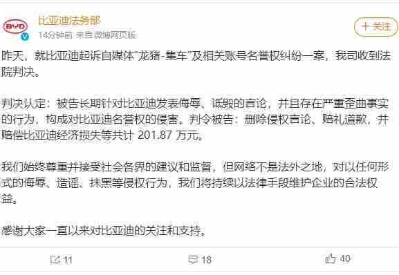 比亚迪起诉自媒体名誉侵权胜诉,获赔201.87万元