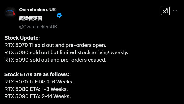 RTX5070Ti首发售罄，至少半月后才能买到