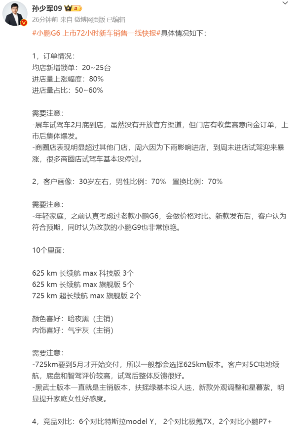 新款小鹏G6首销快报:长续航Max旗舰版最受青睐