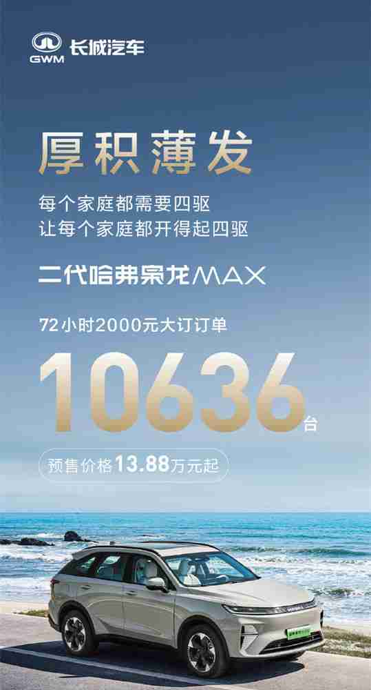新哈弗枭龙MAX 72小时大定10636台 预售价13.88万起