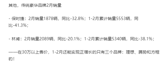 2月30万以上汽车品牌销量TOP10：奔驰第一 理想第三