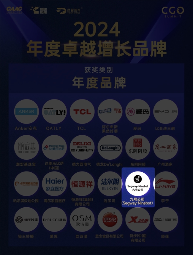 九号公司荣获CGO峰会“年度卓越增长品牌”奖