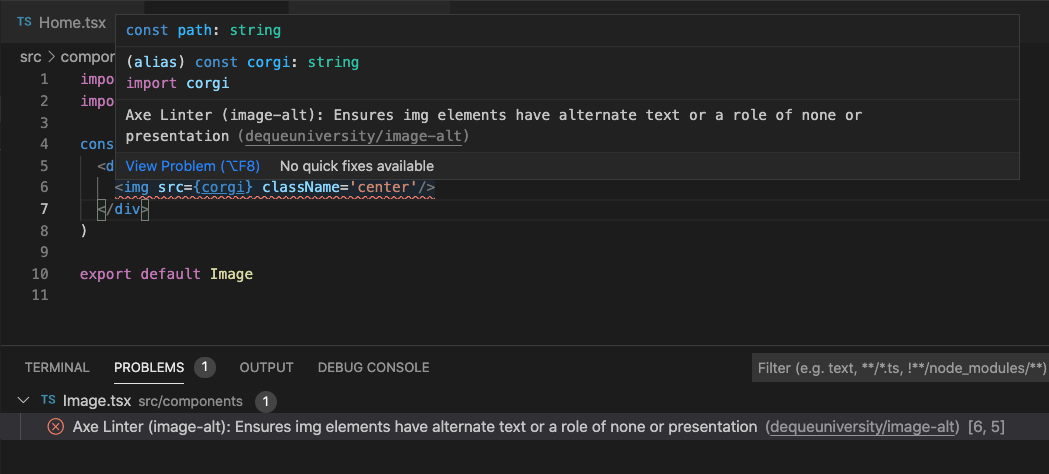 Axe DevTools Linter在VSCode中运行，显示没有alt文本的图像错误