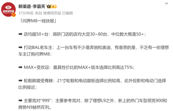 问界M8一线快报出炉 MAX+版最受欢迎 不少BAL车主 