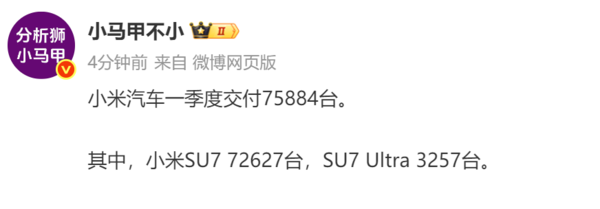 小米汽车一季度交付75884台 年销35万台目标能实现吗？