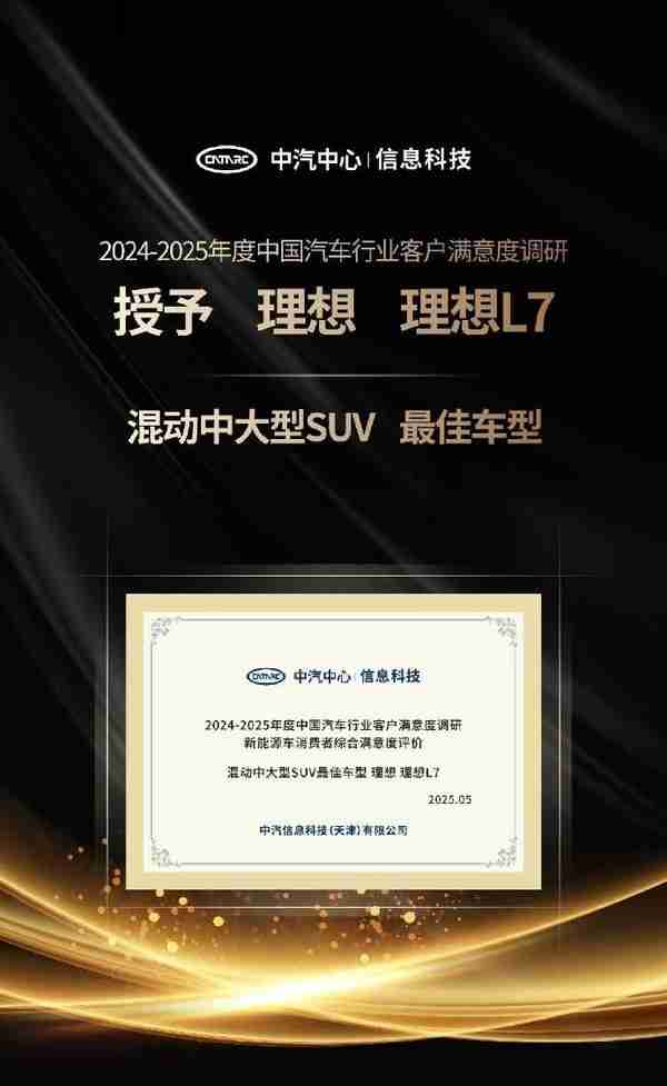 理想：MEGA、L9、L7等获客户满意度优秀车型称号