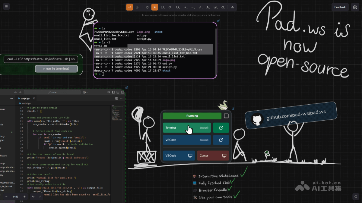 Pad.ws— 在线AI开发工具，白板功能与代码编辑器深度结合