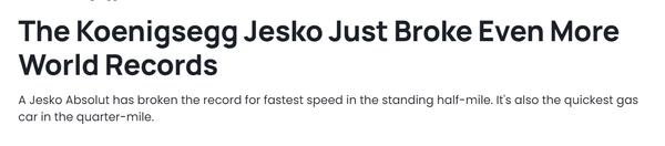 科尼赛克Jesko Absolut半英里加速破纪录 359.83km/小时