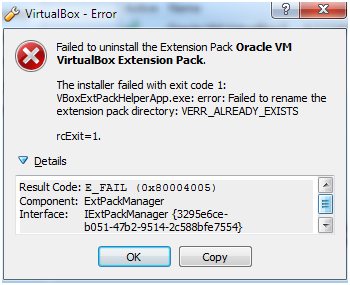 VirtualBox 扩展包卸载或安装失败(VERR_ALREADY_EXISTS)