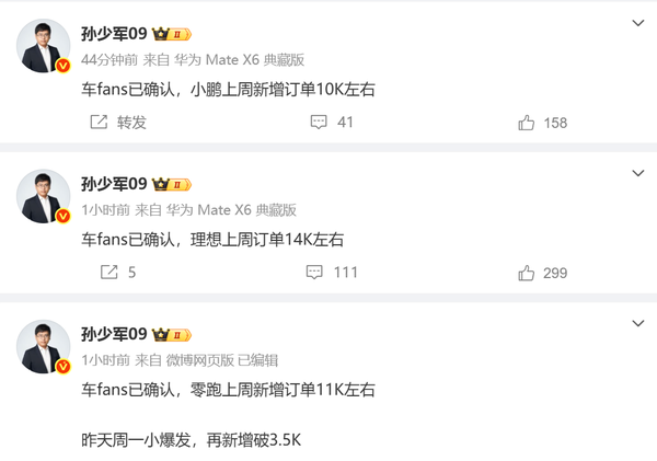 理想小鹏零跑上周新增订单数据出炉：最高达1.4万份