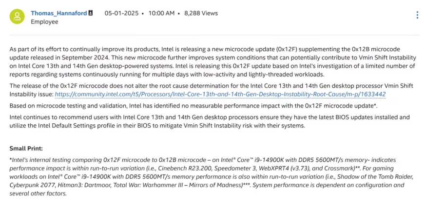 问题还没修完！Intel对第13/14代cpu推出热修补更新